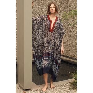 Anthropologie Kaftan Payal Jain Sheer Midi Dress Boho Blue Red Embellished
